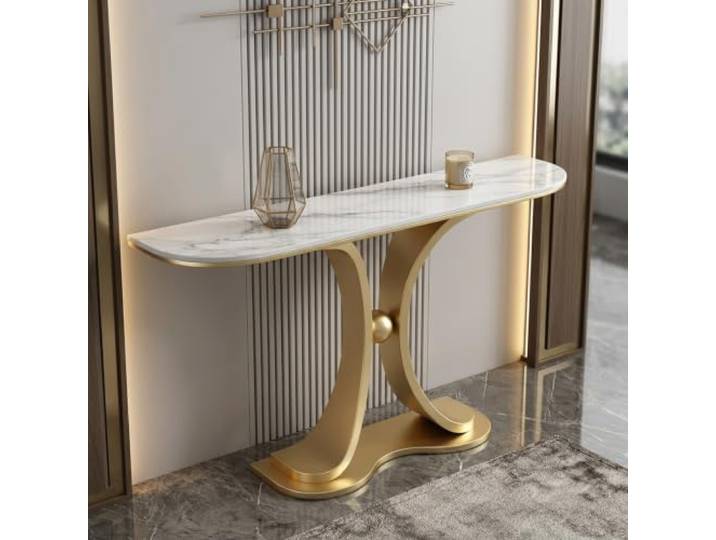 Moderner Konsolentisch, Schmaler Beistelltisch Mit Marmoroptik Für Flur Stabile Metallstruktur, platzsparendes Design, vielseitiger Sofatisch, pflegeleichte Oberfläche(Gold+white,47.2 (120cm))
