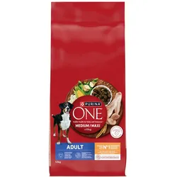 PURINA ONE Adult Medium/Maxi Trockenfutter für ausgewachsene Hunde mit viel Huhn und Reis 12kg