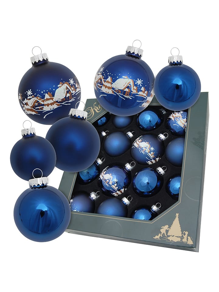 Krebs Glas Lauscha Christbaumkugeln "Verschneites Dorf" in Dunkelblau - 16 Stück - onesize