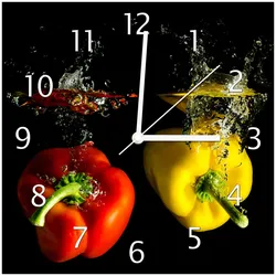 Wallario Uhr 20 x 20 cm, weiße Zeiger Bunte Küche  Paprika in rot  gelb  orange und grün im Wasser