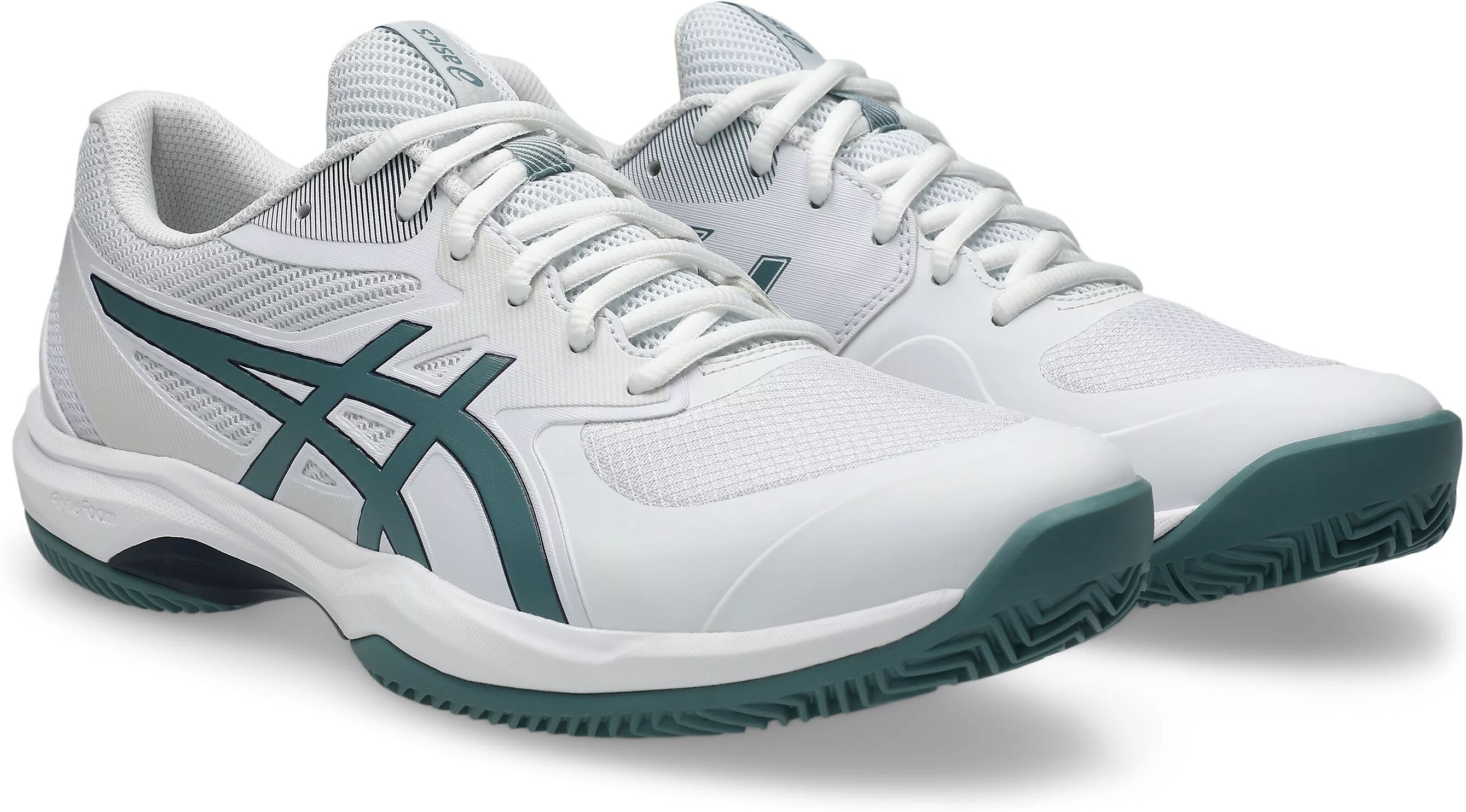 Tennisschuh ASICS "GAME FF CLAY", Herren, Gr. 46, weiß, foggy teal, Synthetik, Schuhe Tennisschuh, Sandplatzschuhe für Ascheplätze