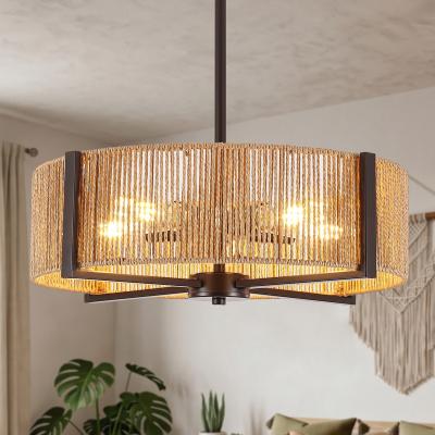 Zjvaive 20.47-Inch Boho 5-Light Farmhouse Drum Paper Rope Chandelier for Dining Room Kitchen Island
