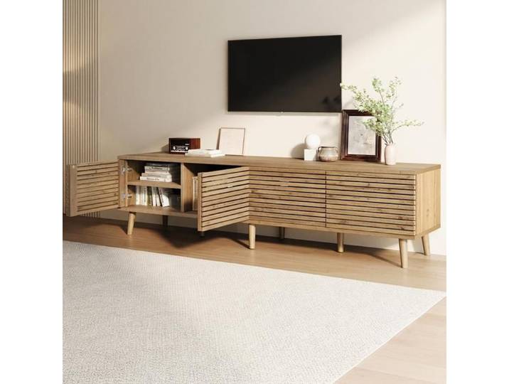 Norevia Meuble TV Bois 180 cm pour TV jusqu'à 75 Pouces 4 Portes à Lattes et Passe-Câbles