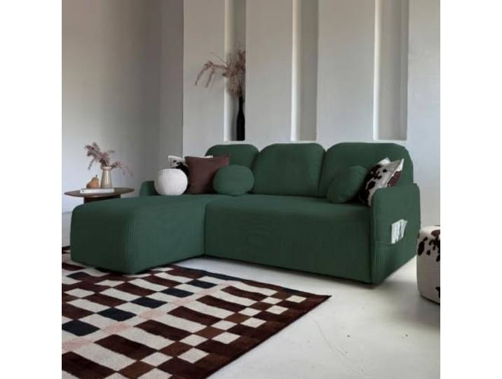 MIUFORM Timmy, Ecksofa mit Schlaffunktion, L-Form 202 cm, Flaschengrün Schlafsofa mit Bettkasten, L-Form Reversibel, 202x150 cm, 4-Sitzer Sofa mit Schlaffunktion, Seitentaschen, Kleine Räume