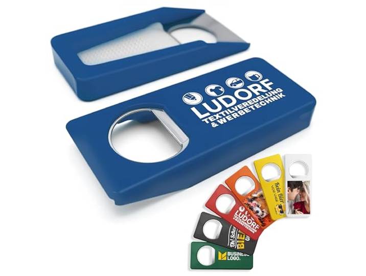 #teamludorf Personalisierte Flaschenöffner mit Verschluss (100 Stück, Blau) – Mit eigenem Foto, Logo & Text bedruckbar – Nachhaltig aus Recycling-Kunststoff