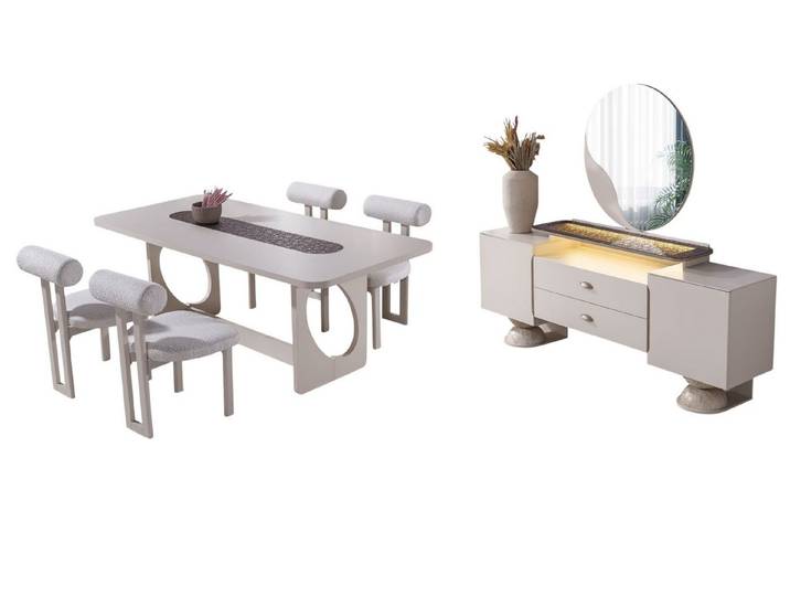 Villa Möbel Esszimmer-Set Avva, (Esszimmer-Set, 8-St., Esstisch, Sideboard und 6 Stühle), Creme Steinoptik ruhige Formen passen zu vielen Wohnstilen