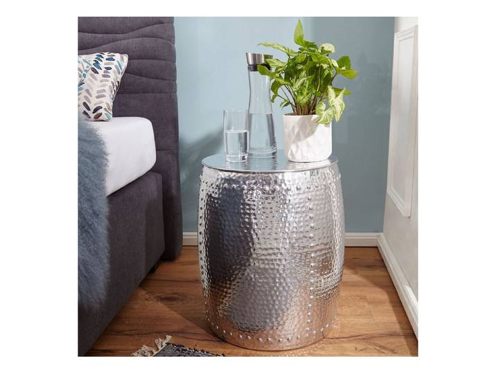 FINEBUY Beistelltisch SuVa12243_1 Dekotisch Metall Hammerschlag rund Ablagetisch klein (42x49x42 cm Aluminium Hammerschlag Silber Rund), Sofatisch Orientalisch, Kleiner Wohnzimmertisch