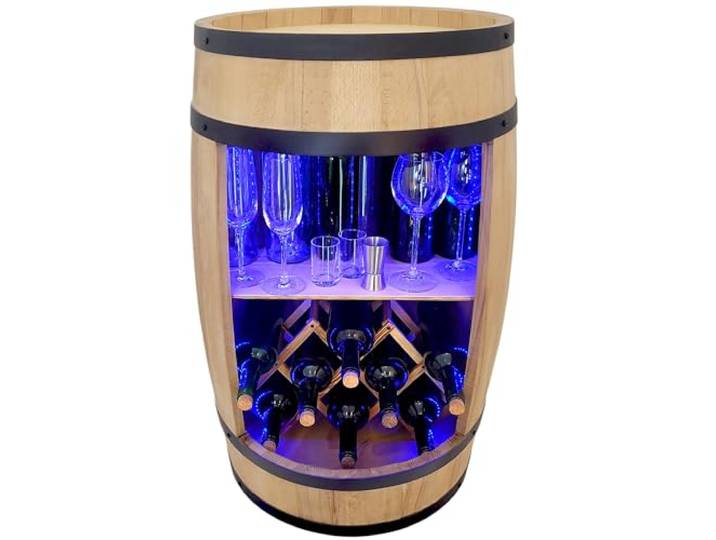 WEECO Holzfass mit Weinhalter RGB LED Beleuchtung. Weinregal. Fassbar 80 cm. Rustikaler deko Barschrank Weinständer – Hausbar Fassbier, Whiskybar Flaschenständer. Hausbar Geschenk für Mann (Hellbraun)