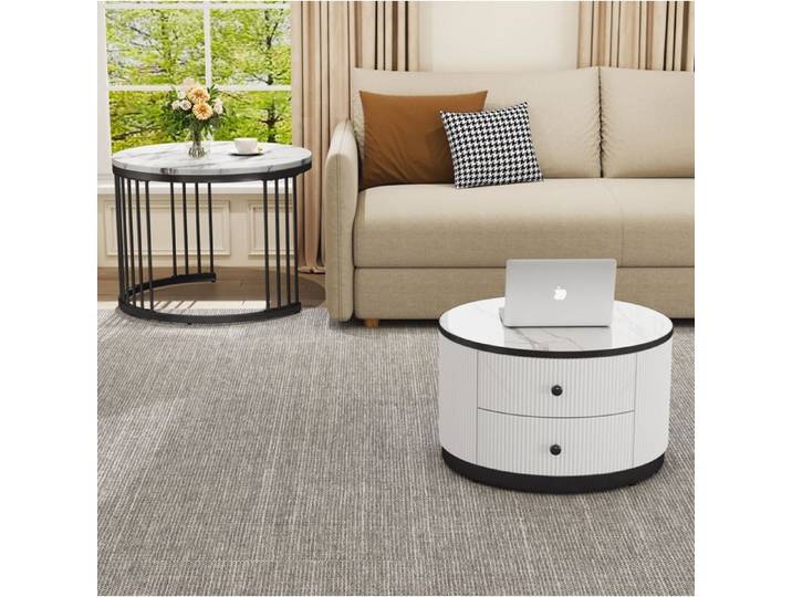 VUENOR Table basse gigogne lot de 2 rondes blanc et noir décor marbre brillant avec 2 tiroirs