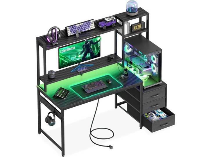 Bureau Gaming avec Étagère et Tiroirs - 120x48cm Carbone Noir - Bureau Gamer LED Moderne pour Ordinateur