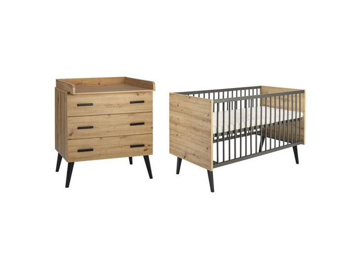 Schardt Babyzimmer Morris Oak, Anthrazit, Eiche Artisan, Holz, Buche, massiv, 3 Schublade(n) Schubladen, zum Juniorbett umbaubar, Aufbauanleitung im Karton, Lattenrost inklusive, Schlupfsprossen, Babymöbel, Babyzimmer-Sets