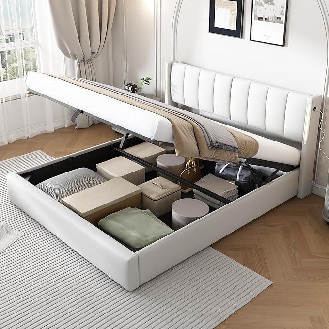 Binaurales Doppelbett Polsterbett 180x200 cm mit LED-Licht und USB-Anschluss, Hydraulisches Bett mit Stauraum, Stauraumbett Bettrahmen mit Lattenrost, Weiß, PU, Ohne Matratze