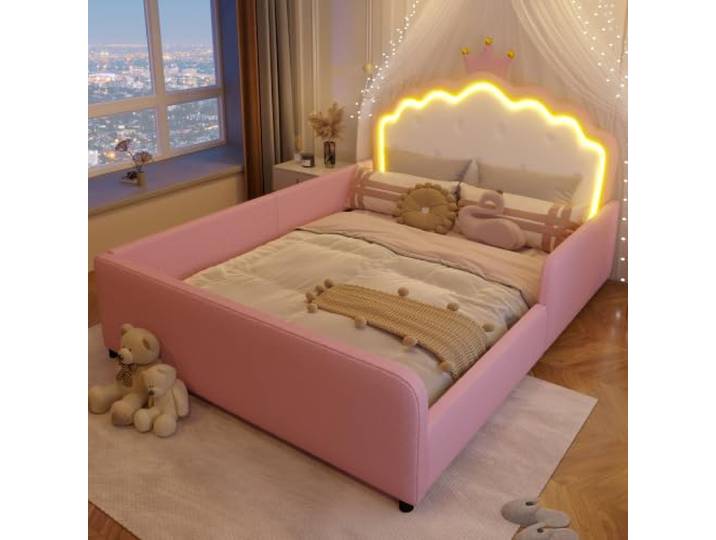 VILUXE Kinderbett 140x190 mit LED-Krone und Schutzgitter Rosa Prinzessinnenbett mit LED-Kopfteil, PU-Bezug und gepolstertem Seitenschutz, Kinderzimmer und Jugendzimmer