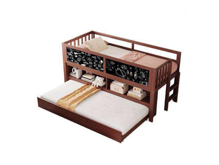 MODFU Kinderbett mit Tafel-Oberfläche & Stauraum (Hausbett mit ausziehbarem Rollbett, Holzbett 90x200 cm), Ohne Matratze