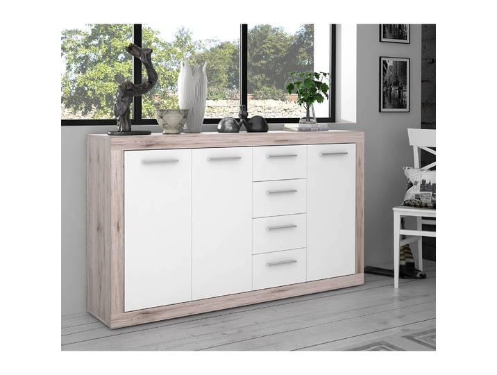 Buffet I 152 x 92 x 34cm Blanc/Beige/Imitation chêne de sable