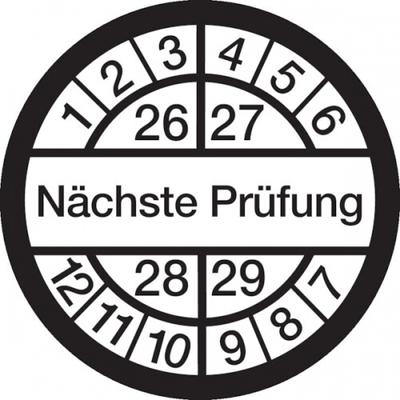 König Werbeanlagen Prüfplakette ab 26, Nächste Prüfung, weiß/schwarz, Ø 16 mm - Bogen = 10 Plaketten - 16 mm Folie selbstklebend
