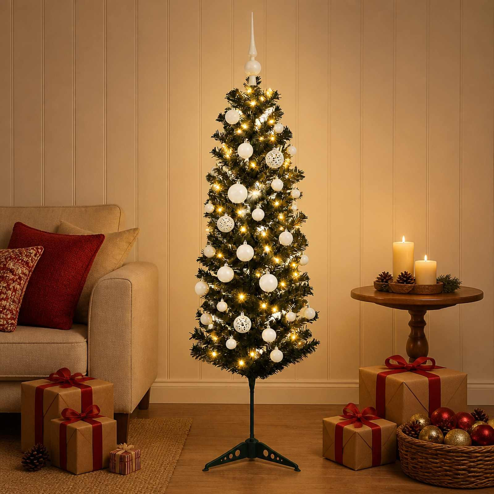 Syfax Kunstkerstboom met kerstballen, smal, 150 cm