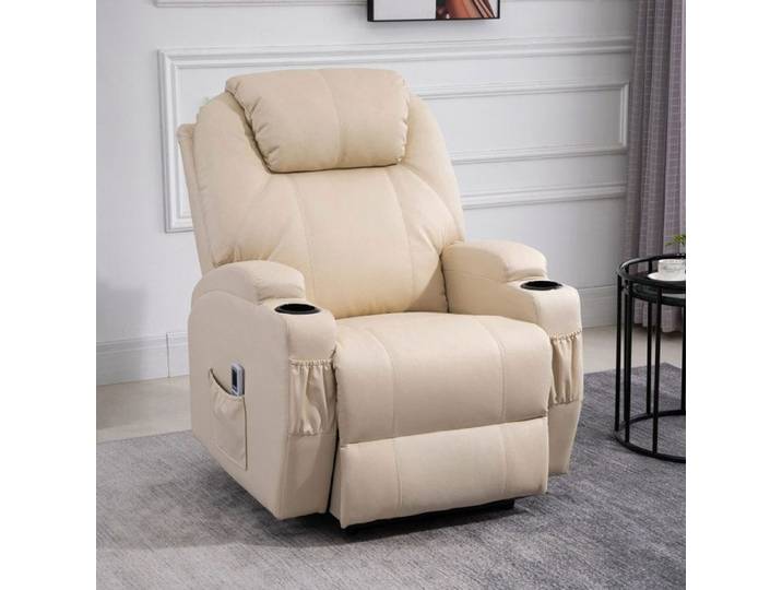 Fauteuil Massant et Relaxant avec Dossier Inclinable Repose-Pied Électrique Revêtement Synthétique Crème