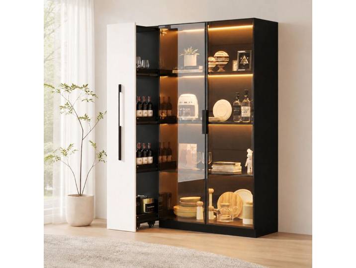 LEMONMAX Armoire Vitrine Multifonction 110.5x35x160 cm Blanc et Noir LED Intégrées Tiroir Latéral Roulettes Porte en Verre
