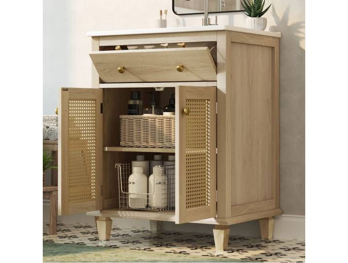 Modenuit Meuble sous vasque 61 cm avec vasque céramique tiroir relevable portes doubles et aspect bois naturel