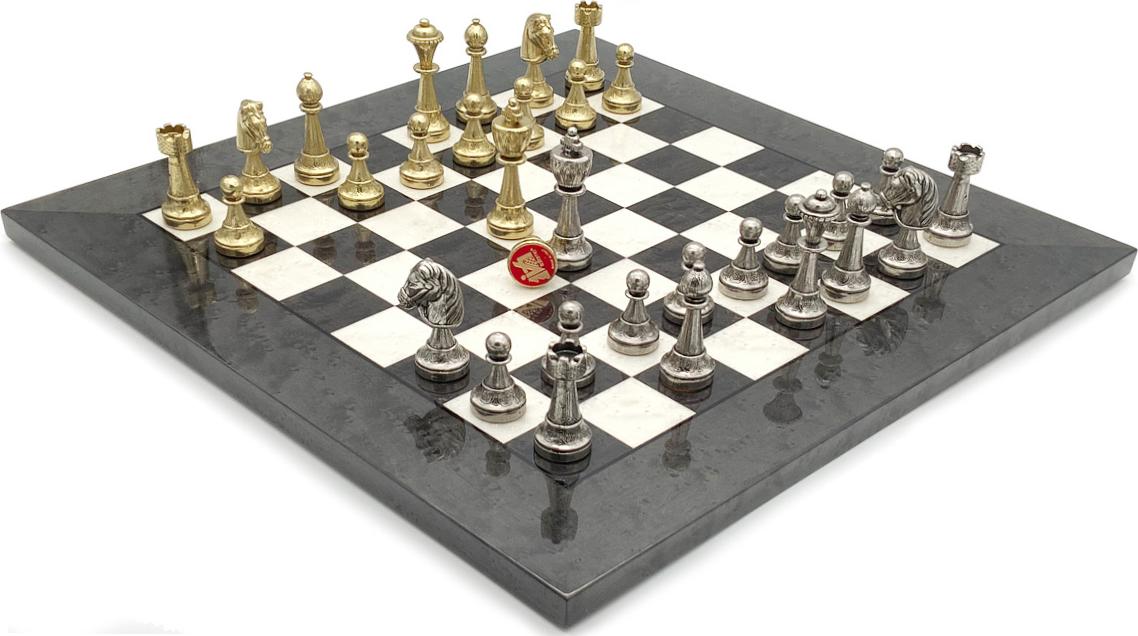 Elegantes Staunton Schachset aus vernickeltem Messing von Italfama mit Holzbrett 42 cm