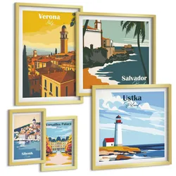 BILDER SET 5er Set - 50x50 cm & 20x30 cm & 40x60 cm Goldrahmen - Europäische Städte in farbigen Illustrationen