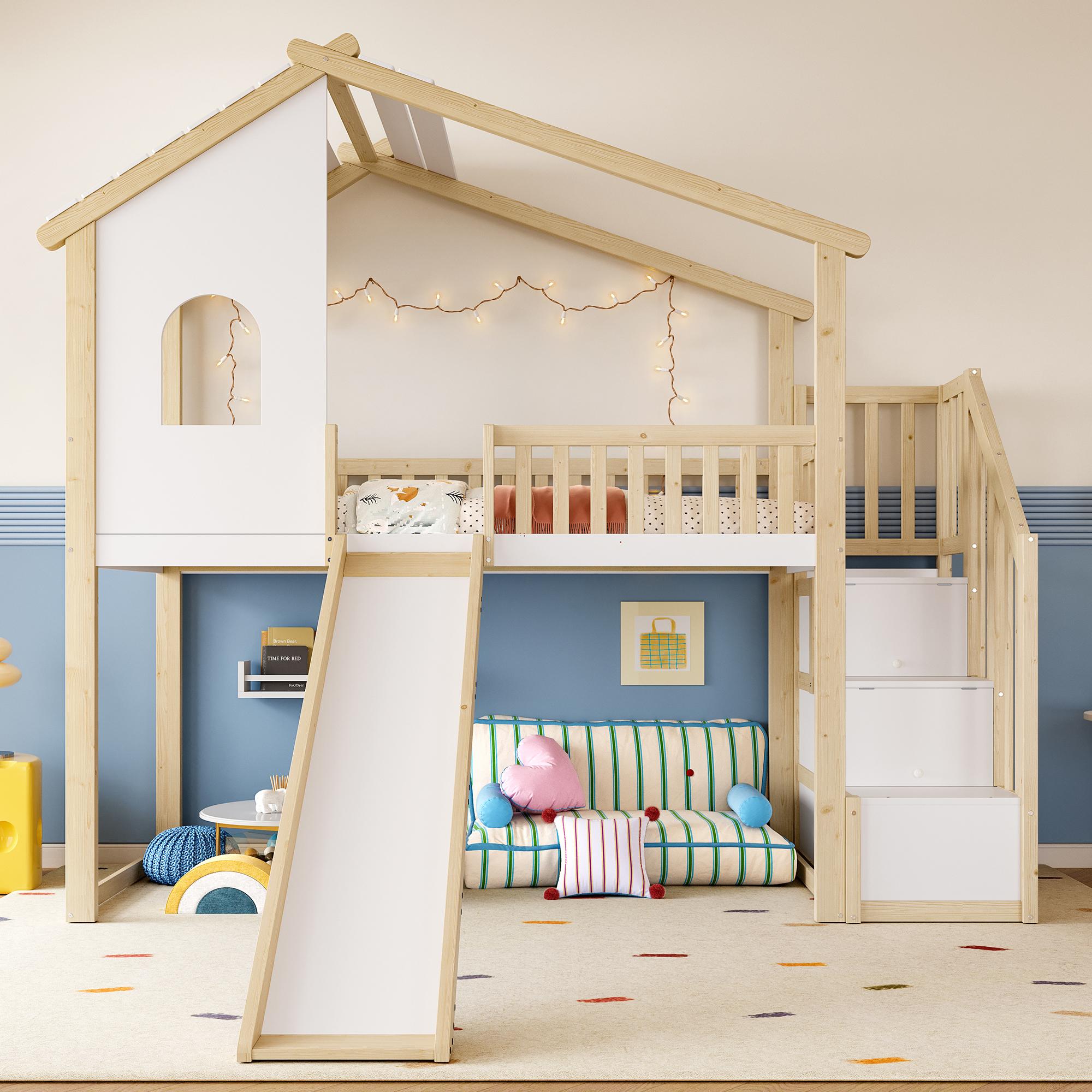 Flieks Etagenbett 90x200cm mit Rutsche, Kinderbett Hausbett mit Fenster und Rausfallschutz, Hochbett Stockbett für Kinderzimmer, Naturbelassen