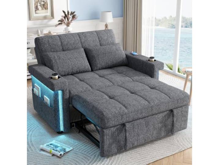 Merax Schlafsofa 2-Sitzer mit Schlaffunktion, Chenille,Grau Verstellbare Rückenlehne, Getränkehalter, Seitentaschen und 2 Kissen