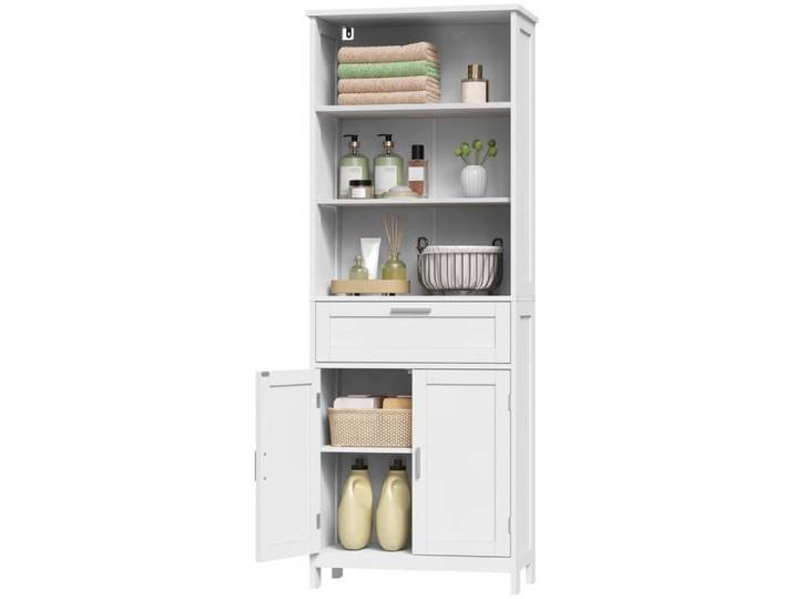 Armoire de Rangement Polyvalente pour Salle de Bain 3 Compartiments Ouverts + 1 Tiroir + 1 Porte avec Étagères Ajustables Blanc