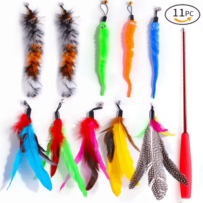 Inspire Curations FlutterCatch Retractable Cat Wand Toy With Feather & Caterpillar Refill Set red