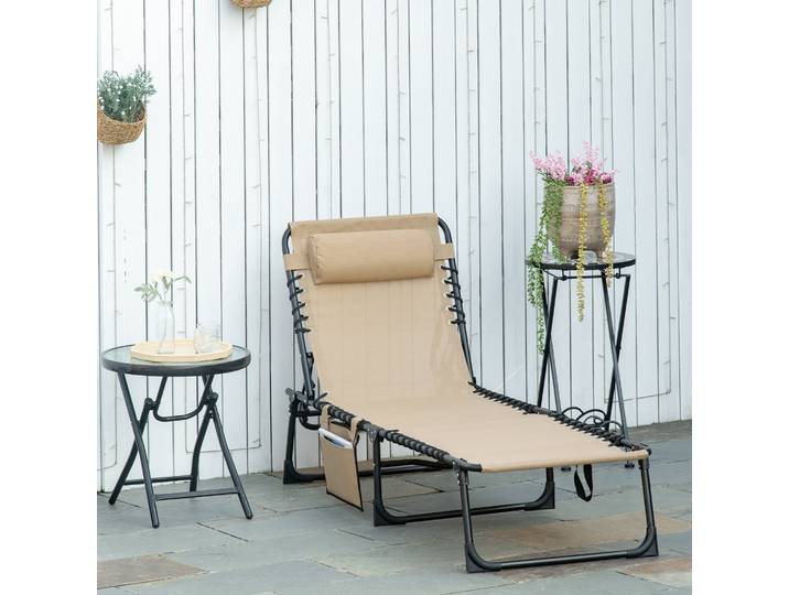 Outsunny Transat Pliable Beige Dossier 5 Positions 185x58x30cm