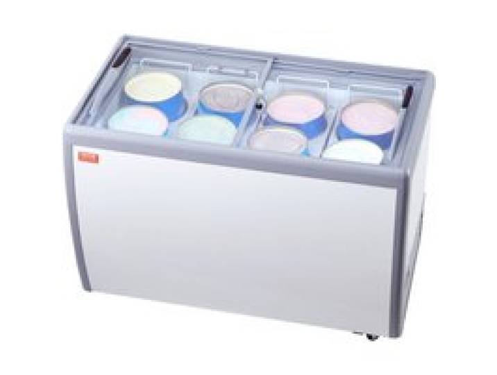 VEVOR Kommerzielle Eiscreme-Vitrine, 370 L Gefriertruhe, Mobiler Tiefkühlschrank mit Glasplatte, Restaurant-Gelato-Tauchschrank mit 8 Großen Behältern, 2 Glasschiebetüren, Feststellrollen, Weiß