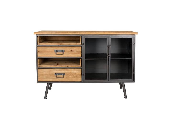 Buffet en bois de sapin beige, 2 tiroirs, structure en métal, por