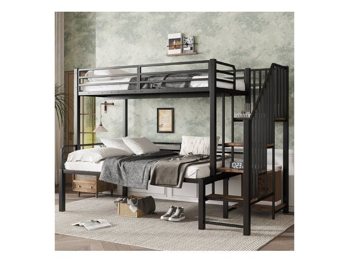 Flieks Etagenbett, Metallbett 90x200cm&120x200cm mit Rausfallschutz und Stauraumtreppe