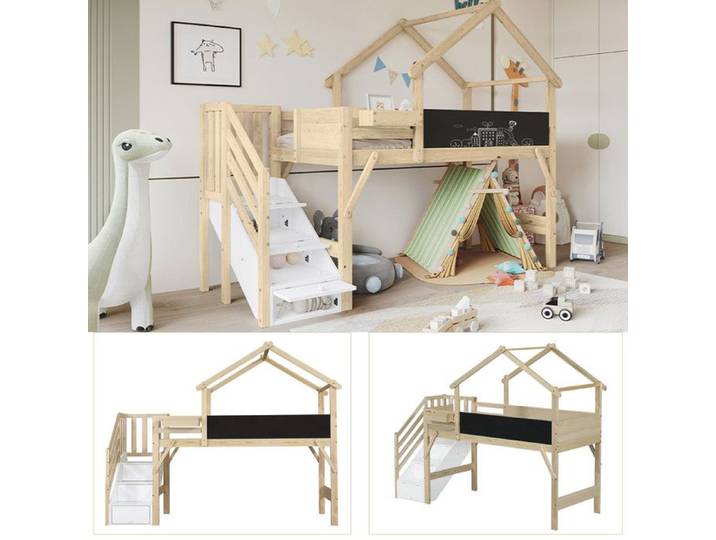 Lit Superposé Enfant - 90x200 - Sécurité EN747 - Rangement Escalier - Toit Noir