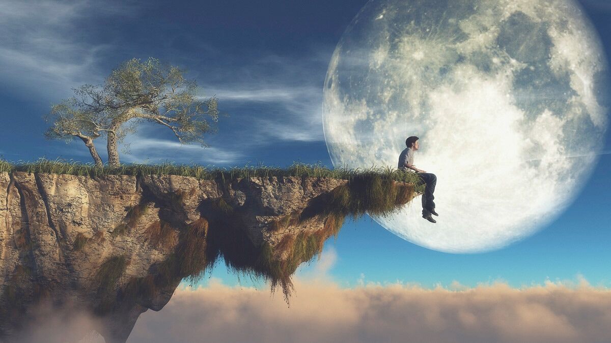 Fototapete PAPERMOON "Mann an Klippe vor Mond", bunt, B:3m L:2,23m, Vlies, Tapeten, Fototapete bunt B/L: 3m x 2,23m, Bahnen: 6 Stk.