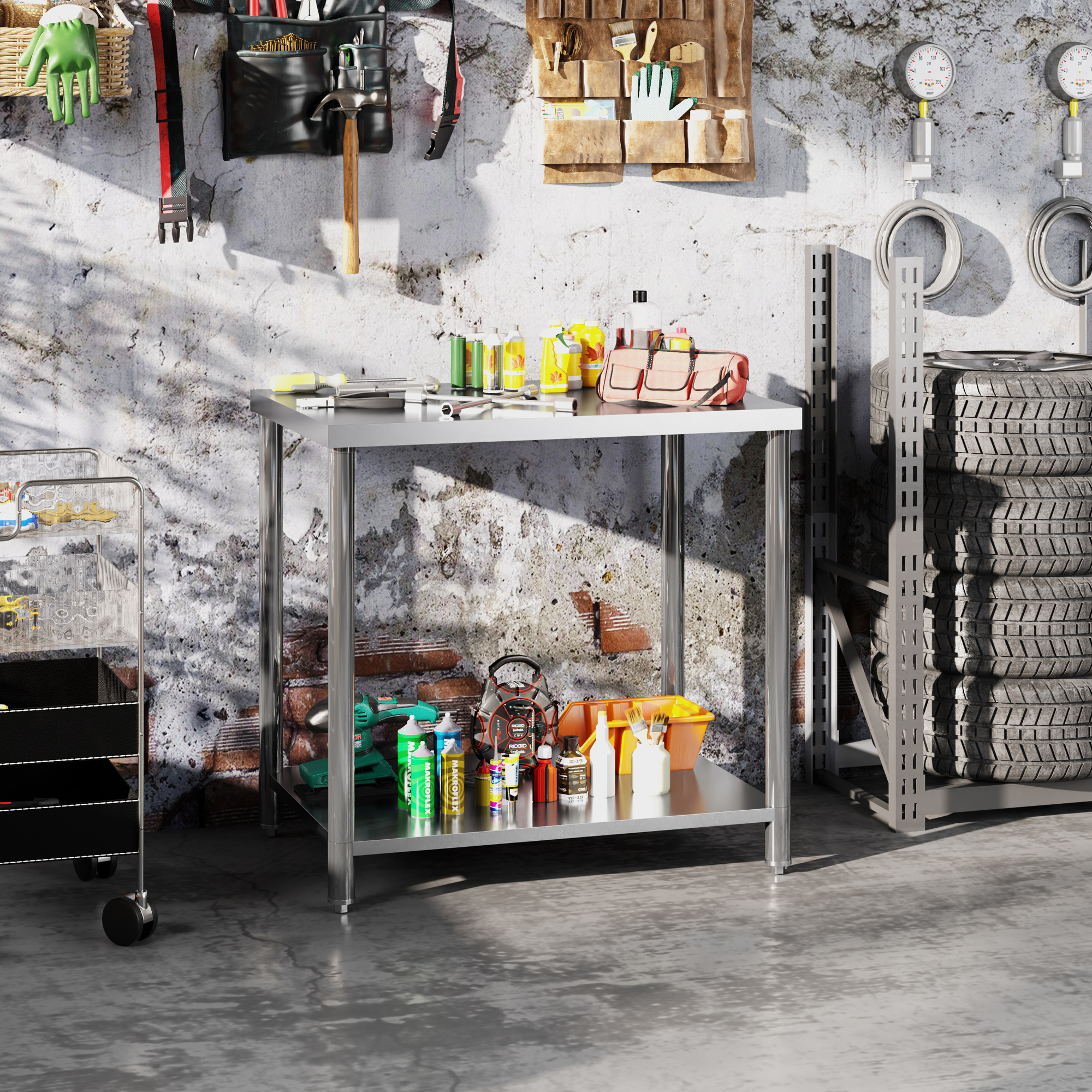Homcom Banco da Lavoro Garage in Acciaio Inossidabile con 2 Mensole, Capacità 100kg, 90x60x86 cm, Argento   Aosom Italy
