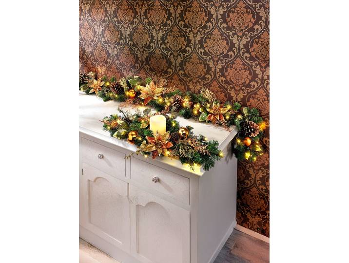 Weihnachtliche Dekorations-Accessoires, Grün-Kupfer, Beleuchtetes Tischgesteck
