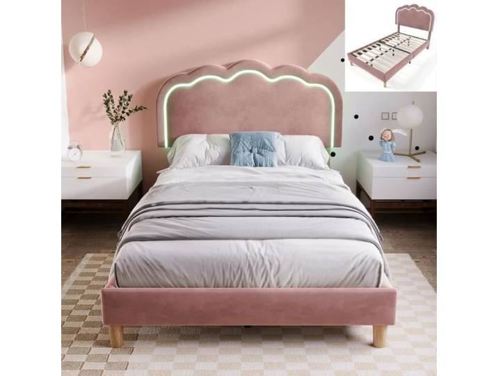 Lit simple 90x200 cm Rembourré en velours - Éclairage LED - Tête de lit réglable - Rose