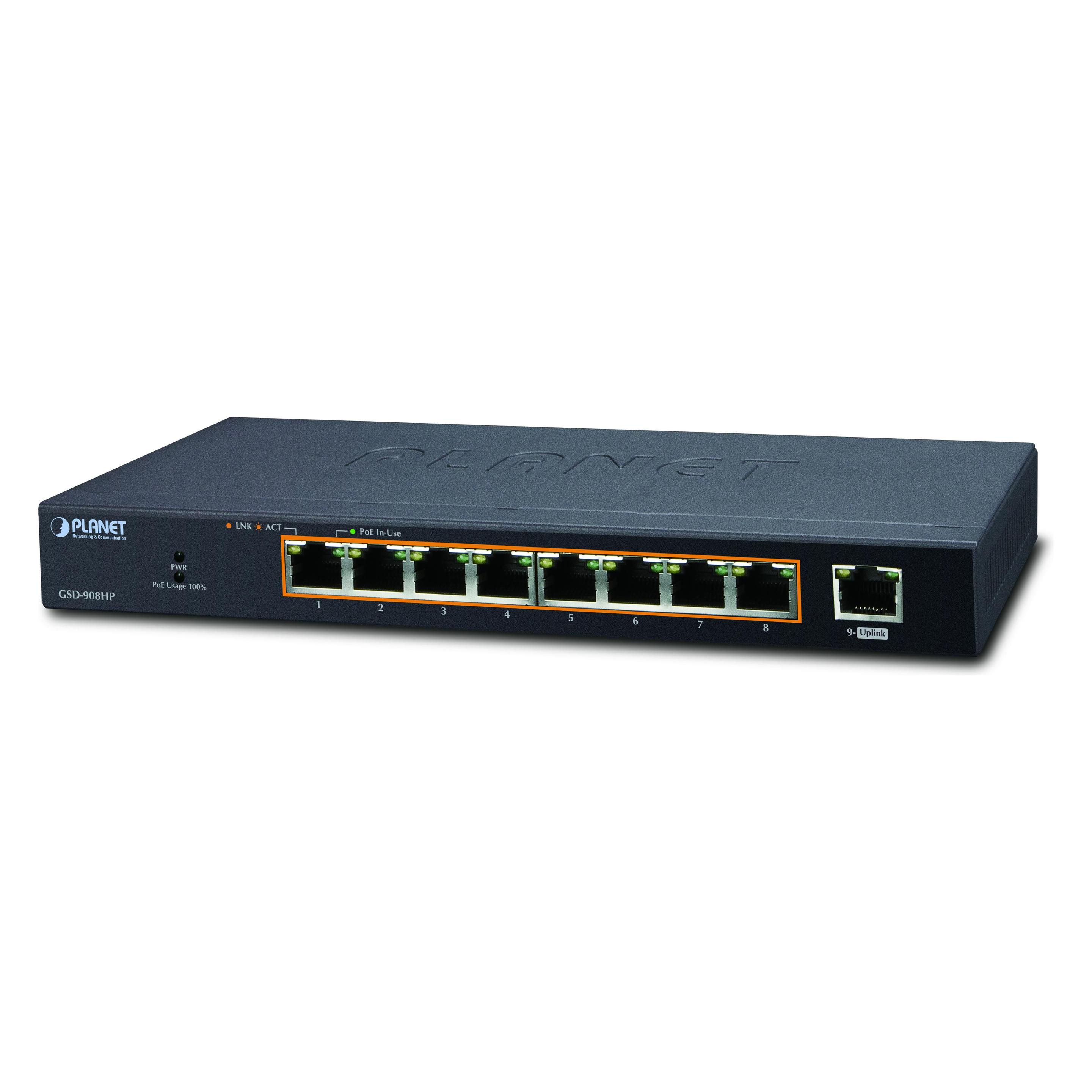 Planet 8-Port 10/100/1000Mbps 802.3at PoE + 1-Port (9 Ports) (GSD-908HP)