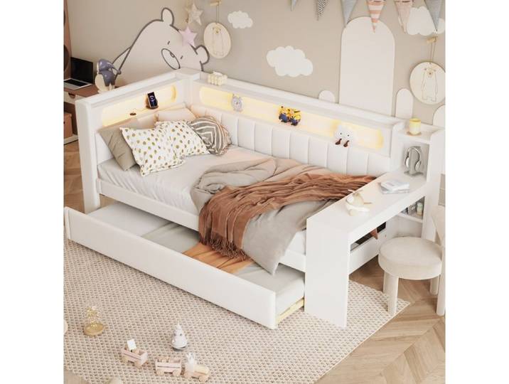Lit combiné simple 90×200 cm avec lit gigogne 90×190 USB LED 7 couleurs et bureau sans matelas - UVRION