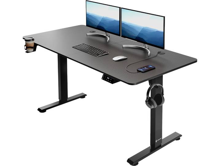Casaria Bureau réglable en hauteur électrique Aspect carbone 140cm bureau assis debout écran LCD support accessoires télétravail