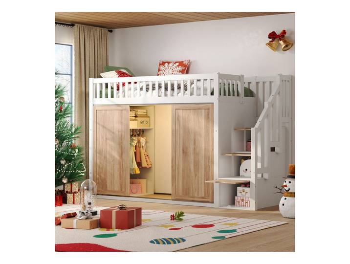 Odikalo Kinderbett Hochbett Kleiderschrank Treppenschrank Lichtleiste Weiß 90x200 Natur
