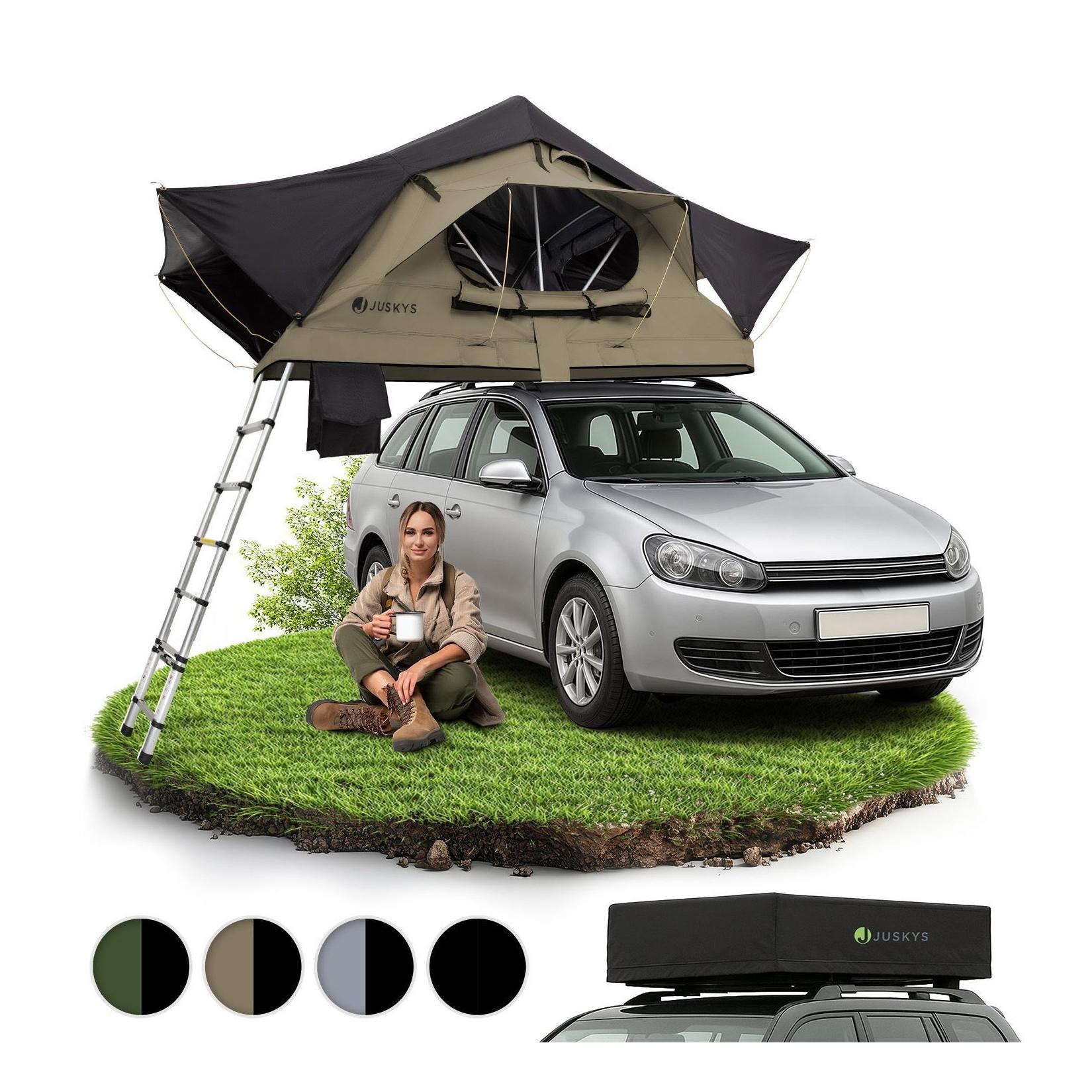 Juskys Autodachzelt Lago 120 x 210 cm - LED-Beleuchtung & Leiter - Schwarz / Khaki