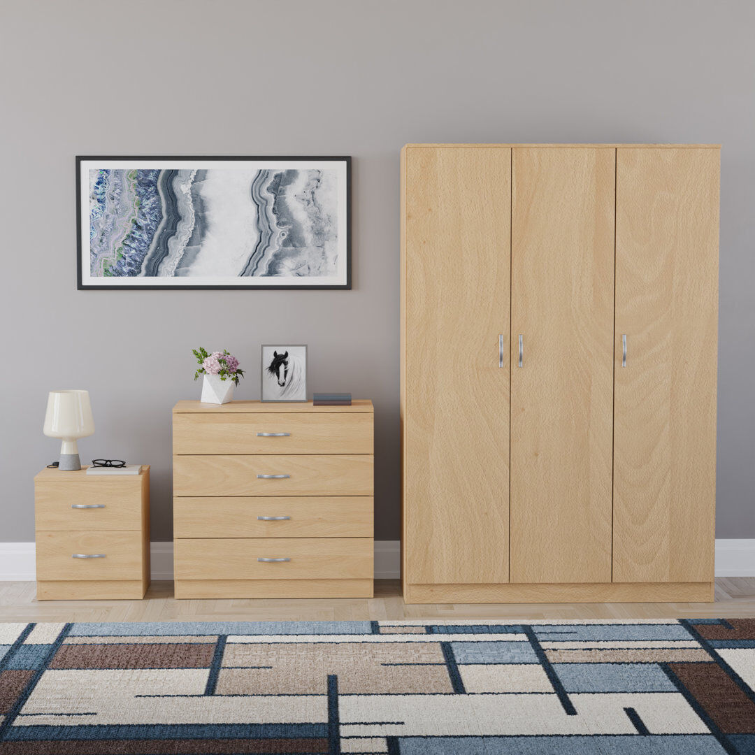 17 Stories Maybery 3 Piece Bedroom Set (2 Drawer Bedside Chest, 4 Drawer Chest, 3 Door Wardrobe), (5) Pine