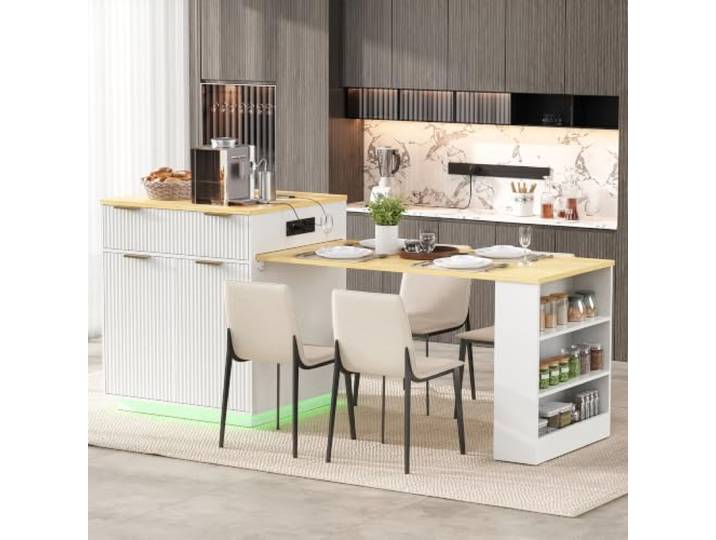 Kücheninsel mit Rollen, Ausziehbarer Esstisch mit LED-Beleuchtung und verstellbaren Regalböden, Küchentisch mit Steckdosenleisten und Schubladen, dient als Kücheninsel, Küche und Esszimmer (Weiß)
