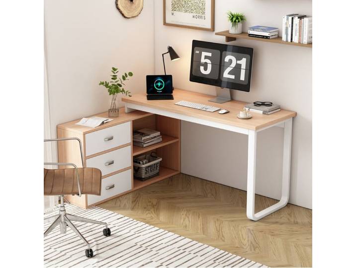 VEVXYN bureau d angle bureau travail rangement 3 tiroirs 2 niches ouvertes MDF metal 147 x 100 x 75 3 cm naturel blanc moderne