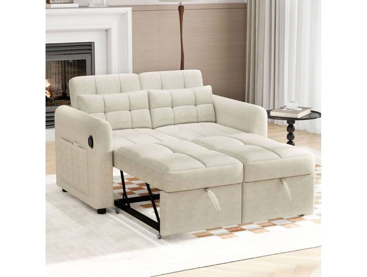 MEULVA Canapé convertible 2 places 3 en 1 beige dossier réglable USB poches latérales 2 coussins