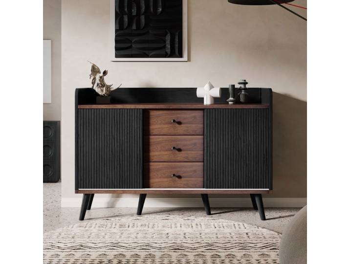 Buffet Maisentiel noir et bois portes coulissantes rayées avec 3 tiroirs et étagères réglables 117 5x40x80 cm