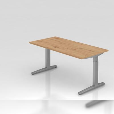 PROREGAL Schreibtisch Mika | Asteiche | Silber Gestell | BxT 160x80cm | Arbeitshöhe 65-85cm | höhenjustierbar, 1cm Raster | C-Fuß-Gestell